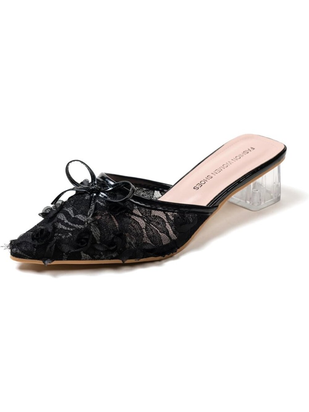 Women’s Black Fashion Mules Pointed Toe Slip-On Block Heel Lace Mesh Upper